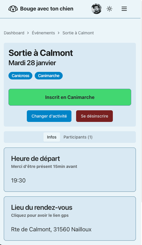 Version mobile de l'écran d'affichage d'un événement
