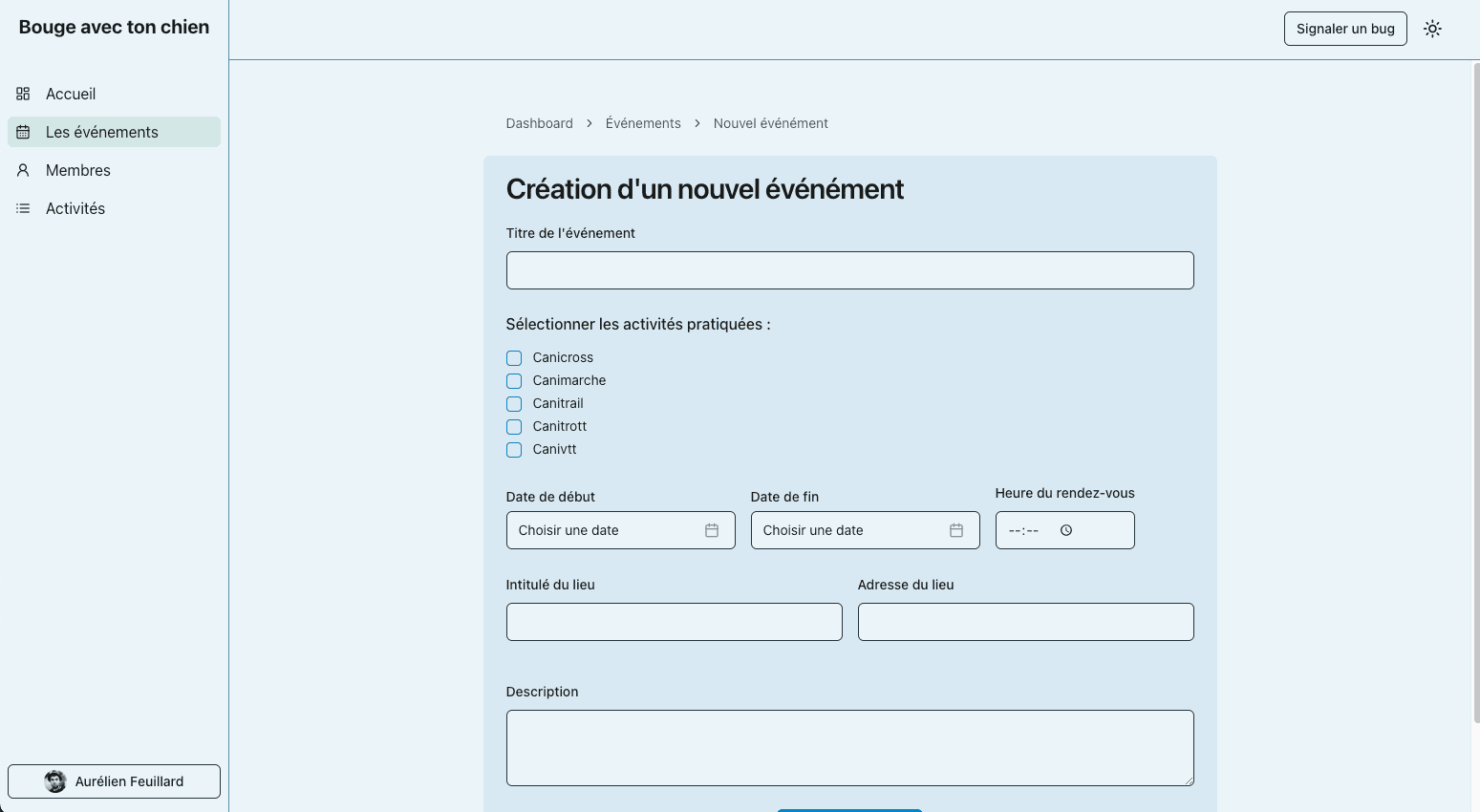 Écran de création d'un nouvel événement