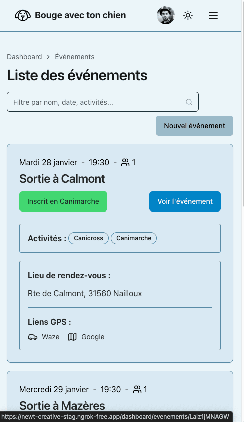 Version mobile de l'écran de la liste des événements