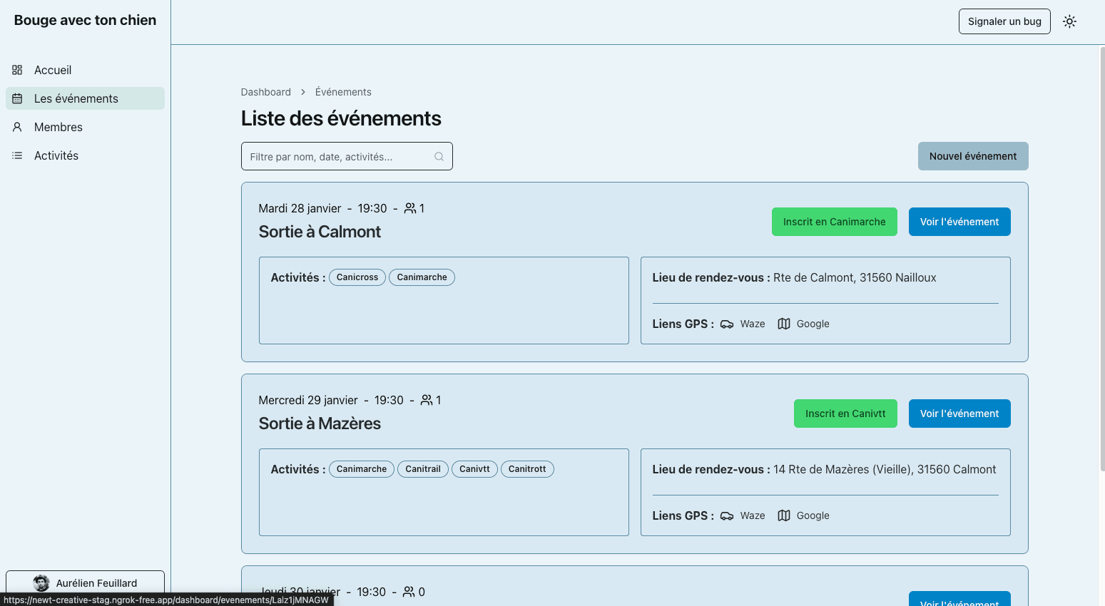 Écran de la liste des événements